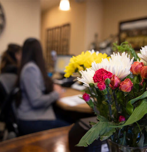 Bouquet of flowers in dental office reception area